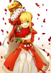 Rule 34 | 10s, 2girls, ;d, ahoge, armored boots, black socks, blonde hair, blush, boots, bouquet, bow, braid, brown background, brown eyes, brown footwear, brown hair, commentary request, dress, epaulettes, fate/extra, fate (series), flower, gauntlets, gradient background, green eyes, hair between eyes, hair bun, hair intakes, head tilt, holding, holding bouquet, juliet sleeves, knee boots, kneehighs, loafers, long sleeves, mini person, minigirl, miniskirt, multiple girls, nero claudius (fate), nero claudius (fate) (all), nero claudius (fate/extra), oiun, one eye closed, open mouth, petals, puffy sleeves, purple skirt, red bow, red dress, red flower, red rose, rose, rose petals, see-through, shirt, shoes, sidelocks, single hair bun, sitting, skirt, sleeveless, sleeveless shirt, smile, socks, standing, veil, white background, white shirt