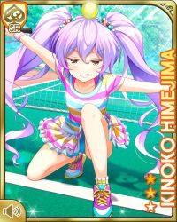 Rule 34 | 1girl, brown eyes, card (medium), character name, closed mouth, day, food-themed hair ornament, girlfriend (kari), grin, hair ornament, himejima kinoko, kneeling, long hair, official art, outdoors, purple hair, qp:flapper, shirt, shoes, skirt, smile, sneakers, sparkle, sportswear, striped clothes, striped shirt, striped skirt, tennis court, tennis uniform, twintails, v-shaped eyebrows, very long hair, white shirt, white skirt