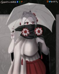 Rule 34 | 1girl, absurdres, adversarial noise, ai-generated art (topic), colored skin, copyright request, covered mouth, cowboy shot, flower, ghostly666, hair flower, hair ornament, hands up, highres, holding, holding umbrella, looking at viewer, official art, pleated skirt, red eyes, red flower, red nails, red skirt, shadow, shirt, short sleeves, skirt, solo, umbrella, white hair, white shirt, white skin, white umbrella