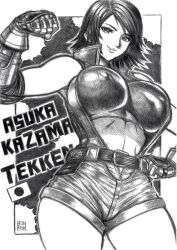 Rule 34 | 1girl, bare shoulders, belt, breasts, crop top, fingerless gloves, from below, gloves, hand on own hip, huge breasts, japanese flag, kazama asuka, large breasts, monochrome, open clothes, short hair, skidrow, sleeveless, solo, tekken