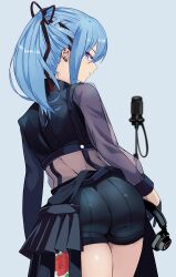 Rule 34 | 1girl, absurdres, ass, black ribbon, blue eyes, blue hair, ear piercing, flower, from behind, hair ribbon, headphones, highres, hololive, hoshimachi suisei, hoshimachi suisei (shout in crisis), looking at viewer, looking back, median furrow, microphone, piercing, pleated skirt, ponytail, ribbon, rose, see-through, see-through sleeves, shorts, sidelocks, skirt, smile, solo, tomo0843, virtual youtuber