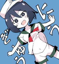 Rule 34 | 1girl, :d, anchor symbol, black eyes, black hair, blue background, blush, breasts, bright pupils, colored skin, commentary request, cookie (touhou), dutch angle, feet out of frame, hair between eyes, hat, ixy, looking at viewer, medium breasts, milk (cookie), murasa minamitsu, navel, neckerchief, no bra, open mouth, outstretched arms, red neckerchief, shirt, short hair, shorts, simple background, smile, solo, spread arms, touhou, translation request, underboob, white hat, white pupils, white shirt, white shorts, white skin