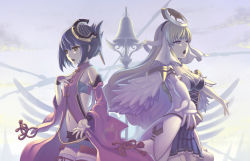 Rule 34 | 2girls, ar tonelico, ar tonelico ii, blonde hair, blue hair, bow, breasts, bridal gauntlets, chroche latel pastalie, cleavage, detached sleeves, elbow gloves, gloves, gust, hair ornament, hand on another&#039;s chest, hand on own chest, large breasts, long hair, luca truelywaath, miniskirt, multiple girls, music, navel, pleated skirt, purple eyes, short hair, singing, skirt, terumii, thighhighs, wings, yellow eyes