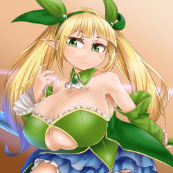 Rule 34 | 1girl, bare shoulders, blonde hair, bra, breasts, bursting breasts, collarbone, detached sleeves, female focus, gradient background, green eyes, hair ornament, hairband, huge breasts, long hair, long twintails, pointy ears, roah, sennen sensou aigis, shiny skin, simple background, skirt, solo, spica (sennen sensou aigis), twintails, underboob, underwear