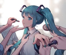Rule 34 | 1girl, absurdres, adjusting clothes, adjusting necktie, azit (down), black sleeves, blue eyes, blue hair, blue nails, blue neckwear, blurry, blurry background, brushing another&#039;s hair, brushing hair, collared shirt, commentary request, cosmetics, depth of field, detached sleeves, hair brush, hatsune miku, highres, holding, holding brush, holding lipstick tube, lipstick tube, long hair, long sleeves, nail polish, necktie, out of frame, parted lips, sheet music, shirt, sleeveless, sleeveless shirt, solo focus, tie clip, twintails, upper body, vocaloid, white shirt, wide sleeves