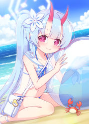 Rule 34 | 1girl, absurdres, animal, bag, ball, bare arms, bare shoulders, beachball, bikini, blue archive, blue hair, blue sky, chise (blue archive), chise (swimsuit) (blue archive), closed mouth, cloud, collarbone, commentary request, crab, day, flower, front-tie bikini top, front-tie top, hair flower, hair ornament, halo, harada (sansei rain), highres, horizon, horns, long hair, looking at viewer, ocean, oni, oni horns, outdoors, red hair, sailor collar, see-through, shoulder bag, side ponytail, sitting, sky, smile, solo, striped bikini, striped clothes, swimsuit, transparent, very long hair, wariza, water, white flower, white sailor collar