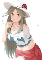 Rule 34 | 1girl, aged up, alternate universe, arm behind back, bare shoulders, brown eyes, brown hair, collarbone, commentary request, creatures (company), eyelashes, game freak, grin, hair flaps, hand up, hat, highres, island lagoon, leaf (pokemon), lipstick, long hair, makeup, navel, nintendo, off-shoulder sweater, off shoulder, pink lips, pokemon, pokemon frlg, red sarong, sarong, simple background, smile, solo, sweater, teeth, white background, white hat, white sweater