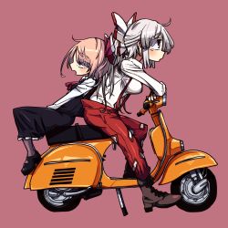 Rule 34 | arm support, ascot, awa (bihidasu), back-to-back, black footwear, black skirt, black vest, blonde hair, boots, bow, brown footwear, collared shirt, from side, fujiwara no mokou, full body, hair bow, half-closed eyes, leaning back, leaning forward, long hair, long sleeves, looking afar, mary janes, medium skirt, motor vehicle, ofuda, ofuda on clothes, open mouth, pants, pantyhose, ponytail, red ascot, red eyes, red pants, rumia, scooter, shirt, shoes, short hair, silver hair, simple background, sitting, skirt, skirt set, suspenders, touhou, vest, white shirt
