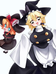 Rule 34 | 2girls, apron, black capelet, black eyes, black gloves, black headwear, black skirt, black vest, blonde hair, blue eyes, blush, blush stickers, bow, braid, breasts, bright pupils, buttons, capelet, commentary request, cookie (touhou), dairi (20xw4xcge113436), eyes visible through hair, frilled bow, frilled hat, frills, full body, gloves, hair between eyes, hair bow, hat, hat bow, highres, kirisame marisa, large breasts, long skirt, looking at viewer, looking back, medium bangs, meguru (cookie), multiple girls, open mouth, red bow, shirt, short hair, simple background, single braid, skirt, skirt set, sleeves past fingers, sleeves past wrists, smile, standing, thick eyebrows, touhou, turtleneck, v-shaped eyebrows, vest, waist apron, white apron, white background, white pupils, white shirt, witch hat, yuuhi (cookie)
