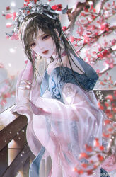 Rule 34 | 1girl, absurdres, against railing, artist request, bare shoulders, brown hair, cherry blossoms, chi lian (qinshi mingyue), closed mouth, dress, expressionless, from side, highres, long hair, looking at viewer, off-shoulder dress, off shoulder, qinshi mingyue, railing, second-party source, snowing, solo, tiara, upper body