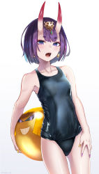 Rule 34 | 1girl, arm behind back, artist name, bad id, bad pixiv id, ball, beachball, bob cut, breasts, commentary request, cowboy shot, earrings, eyeshadow, fang, fate/grand order, fate (series), gradient background, hair ornament, hand on own leg, highres, holding, horns, jewelry, legs apart, looking at viewer, makeup, multicolored nails, nail polish, one-piece swimsuit, open mouth, purple eyes, purple hair, purple nails, school swimsuit, short hair, shuten douji (fate), skin-covered horns, small breasts, solo, standing, swimsuit, teeth, thick eyebrows, upper teeth only, yellow nails, yukihama