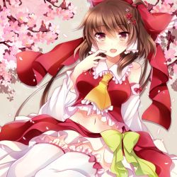 Rule 34 | 1girl, ascot, blush, bow, breasts, brown hair, cherry blossoms, cowboy shot, detached sleeves, dutch angle, flower, grey background, hair bow, hair flower, hair ornament, hair tubes, hakurei reimu, ichiyou moka, long hair, looking at viewer, midriff, navel, open mouth, simple background, skirt, solo, touhou, branch