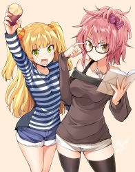 Rule 34 | 10s, 2girls, :d, adjusting eyewear, arm up, beige background, black-framed eyewear, black legwear, blonde hair, blue shorts, blush, book, bow, breasts, casual, collarbone, cowboy shot, eyebrows, eyelashes, fang, food, food on face, glasses, green eyes, hair bow, hair ornament, hair scrunchie, high ponytail, holding, holding book, holding food, idolmaster, idolmaster cinderella girls, jewelry, jougasaki mika, jougasaki rika, kazuchi, long sleeves, looking at viewer, medium breasts, multiple girls, necklace, off shoulder, open book, open mouth, pink bow, pink hair, scrunchie, shirt, short shorts, shorts, siblings, sidelocks, signature, simple background, sisters, smile, striped clothes, striped shirt, sweet potato, t-shirt, thighhighs, two side up, white shorts, yellow eyes