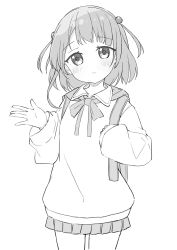 Rule 34 | 1girl, absurdres, backpack, bag, blush, bow, closed mouth, collared shirt, commentary request, greyscale, hands up, highres, long sleeves, looking at viewer, monochrome, okota mikan, original, pleated skirt, puffy long sleeves, puffy sleeves, shirt, skirt, sleeves past wrists, solo, two side up