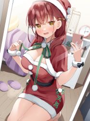 Rule 34 | 1girl, blush, breasts, capelet, clock, commentary request, dress, green ribbon, hat, highres, holding, holding phone, indoors, large breasts, long hair, looking at viewer, mirror, muninshiki, open mouth, original, partial commentary, phone, plant, potted plant, red capelet, red dress, red hair, ribbon, santa hat, selfie, slippers, unworn slippers, solo, strapless, strapless dress, yellow eyes, younger twin sister (muninshiki)