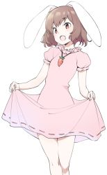 Rule 34 | 1girl, :d, animal ears, bare arms, brown hair, carrot necklace, commentary request, dress, floppy ears, highres, inaba tewi, kt kkz, looking at viewer, necklace, one-hour drawing challenge, open mouth, pink dress, puffy short sleeves, puffy sleeves, rabbit ears, red eyes, ribbon-trimmed dress, short hair, short sleeves, simple background, skirt hold, smile, solo, touhou, white background