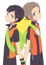 Rule 34 | 2boys, back-to-back, backpack, bag, black hair, brendan (pokemon), brown hair, buckle, closed mouth, collared shirt, commentary request, creatures (company), from side, game freak, green bag, grey eyes, male focus, multiple boys, niimura (csnel), nintendo, orange shirt, pants, pokemon, pokemon adventures, pokemon oras, shirt, short hair, short sleeves, white background, yellow eyes, zipper pull tab