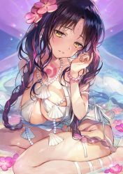 Rule 34 | 1girl, bare shoulders, bikini, black hair, blush, bracelet, braid, breasts, chest tattoo, cleavage, earrings, facial mark, fate/grand order, fate (series), flower, forehead mark, hair flower, hair ornament, highres, jewelry, large breasts, long hair, looking at viewer, multicolored hair, necklace, parted bangs, pearl bracelet, pearl earrings, pearl necklace, pink hair, revision, sarong, sessyoin kiara, sessyoin kiara (swimsuit mooncancer), sessyoin kiara (swimsuit mooncancer) (first ascension), shell, shell necklace, sitting, smile, solo, streaked hair, swimsuit, tattoo, thighs, twin braids, underboob, very long hair, vivi (eve no hakoniwa), wariza, white bikini, yellow eyes