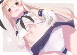 Rule 34 | 1girl, anchor hair ornament, black ribbon, blonde hair, blue skirt, blush, bow, bow panties, brown eyes, buttons, chain, clothes lift, commentary request, crop top, dx (dekusu), elbow gloves, from below, gloves, hair between eyes, hair ornament, hairband, kantai collection, long hair, looking at viewer, microskirt, miniskirt, navel, neckerchief, open mouth, panties, ribbon, sailor collar, school uniform, serafuku, shimakaze (kancolle), shirt lift, simple background, skirt, solo, standing, stomach, sweatdrop, underwear, white gloves