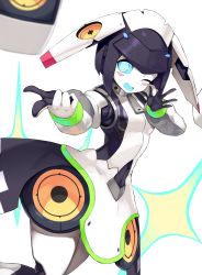 Rule 34 | 1girl, :d, black hair, blue eyes, blue sclera, blush, breasts, colored sclera, commentary, commentary request, dia (world flipper), dress, english commentary, hand on own chest, highres, humanoid robot, index finger raised, joints, looking at viewer, mixed-language commentary, one eye closed, open mouth, pointing, pointing at viewer, robot, robot joints, small breasts, smile, solo, world flipper, yamato (muchuu paradigm)
