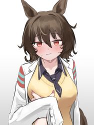 Rule 34 | 1girl, absurdres, agnes tachyon (umamusume), ahoge, animal ears, black necktie, black shirt, blush, breasts, brown hair, closed mouth, coat, collared shirt, commentary, grabbing, grabbing another&#039;s breast, grabbing another's breast, grey background, guided breast grab, guiding hand, hand on another&#039;s chest, highres, horse ears, horse girl, horse tail, lab coat, medium breasts, mukisita, necktie, open clothes, open coat, pov, red eyes, shirt, short hair, simple background, sleeves past fingers, sleeves past wrists, solo focus, sweat, sweater vest, tail, umamusume, upper body, very long sleeves, white coat, yellow sweater vest