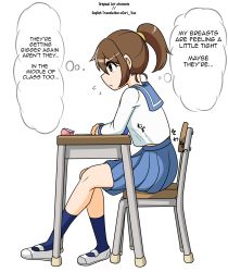 Rule 34 | 1girl, blue skirt, breasts, chair, deleted pixiv user, desk, english text, flying sweatdrops, from side, highres, hutonts, kneehighs, medium breasts, midriff peek, pencil case, pleated skirt, sailor collar, school chair, school desk, school uniform, serafuku, shirt, sitting, skirt, socks, sound effects, thought bubble, translated, white shirt