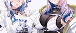 Rule 34 | 2girls, alternate breast size, amane kanata, amane kanata (punk rock), angel, angel wings, armpits, artist logo, belt collar, bikini, bikini over clothes, black collar, black sweater, blue hair, breasts, chain, chain necklace, character print, chest harness, choker, collar, feathered wings, grey hair, harness, head out of frame, heart o-ring, highres, hololive, hololive indonesia, jacket, jewelry, landacdeus, large breasts, long hair, multicolored hair, multiple girls, necklace, o-ring, o-ring choker, official alternate costume, pavolia reine, pavolia reine (streetwear), pink hair, ribbed sweater, self character print, streaked hair, sweater, swimsuit, tongue, tongue out, turtleneck, turtleneck sweater, upper body, virtual youtuber, white bikini, white choker, white jacket, white wings, wings