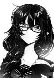 Rule 34 | 1girl, blush, book, braid, character request, closed mouth, cluseller, collarbone, copyright request, female focus, glasses, greyscale, hair over shoulder, half-closed eyes, hand up, highres, holding, holding book, light blush, long hair, looking down, monochrome, neckerchief, open book, raised eyebrow, reading, sailor collar, school uniform, serafuku, shirt, sidelocks, simple background, single braid, solo, uneven eyes, upper body, white background