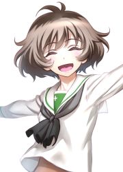 1girl akiyama_yukari black_neckerchief blouse brown_eyes brown_hair closed_eyes commentary facing_viewer female_focus girls_und_panzer head_tilt highres long_sleeves messy_hair minazuki_juuzou neckerchief ooarai_school_uniform open_mouth outstretched_arms school_uniform serafuku shirt short_hair simple_background smile solo spread_arms standing upper_body white_background white_shirt wind