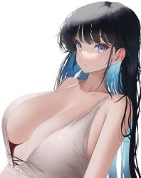 Rule 34 | 1girl, absurdres, bare shoulders, bbolalus, black hair, blue eyes, blue hair, blush, breasts, cleavage, closed mouth, collarbone, colored inner hair, dress, eyebrows hidden by hair, grey dress, highres, huge breasts, long hair, looking at viewer, multicolored hair, original, simple background, sleeveless, sleeveless dress, solo, two-tone hair, upper body, very long hair, white background