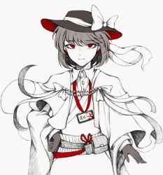 Rule 34 | 1girl, black gloves, black hat, bow, brown hair, chinese commentary, closed mouth, collared shirt, commentary request, cookie (touhou), cowboy shot, earrings, gloves, hand on own hip, haori, hat, hat bow, hotaru kago, japanese clothes, jewelry, jiko mujun, limited palette, long sleeves, looking at viewer, mole, mole under mouth, pouch, protected link, red eyes, shirt, short hair, simple background, smile, solo, touhou, usami renko, white background, white bow, white shirt, wide sleeves