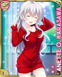 Rule 34 | 1girl, anette olga karasawa, blue eyes, bottomless, card (medium), day, closed eyes, girlfriend (kari), girlfriend note, hand on own head, indoors, long hair, looking at viewer, official art, open mouth, qp:flapper, red sweater, silver hair, smile, solo, sweater, tagme