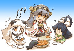 Rule 34 | 3girls, abyssal ship, aged down, barefoot, black hair, bowl, chibi, collar, comic, commentary request, cutting board, detached sleeves, dress, flying sweatdrops, food, fruit, gradient background, green eyes, grey hair, hair ribbon, haruna (kancolle), headgear, hisahiko, holding, holding knife, horns, i-class destroyer, japanese clothes, kantai collection, katsuragi (kancolle), knife, kuchiku i-kyuu, long hair, loquat, mittens, multiple girls, nontraditional miko, northern ocean princess, open mouth, orange eyes, plate, ponytail, ribbon, seiza, sitting, skirt, sleeveless, sleeveless dress, smile, star-shaped pupils, star (symbol), symbol-shaped pupils, thighhighs, translation request, white hair, wide sleeves