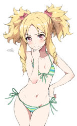Rule 34 | &gt;:), 1girl, alternate hairstyle, bare arms, bare shoulders, bikini, blonde hair, blush, bow, closed mouth, collarbone, commentary, cowboy shot, eromanga sensei, flat chest, front-tie bikini top, front-tie top, green ribbon, hair bow, hand on own chin, hand on own hip, heart, highres, long hair, navel, parted bangs, pink bow, pointy ears, red eyes, ribbon, ringlets, side-tie bikini bottom, sidelocks, smug, solo, standing, stomach, striped bikini, striped clothes, swimsuit, tareme, thigh gap, tonee, twintails, v-shaped eyebrows, yamada elf