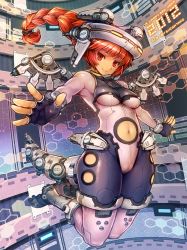 Rule 34 | 10s, 1girl, 2012, bodysuit, braid, clothing cutout, fingerless gloves, gloves, long hair, mechanical wings, navel, navel cutout, new year, original, red eyes, red hair, shigatake, smile, solo, tail, wings