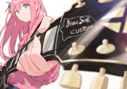 Rule 34 | 1girl, :o, aqua eyes, bocchi the rock!, cube hair ornament, electric guitar, fifuth, foreshortening, gotoh hitori, guitar, hair ornament, holding, holding instrument, instrument, long sleeves, looking at viewer, pink hair, pink sweater, solo, sweater