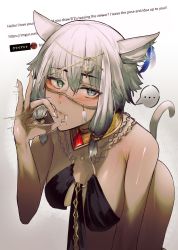 Rule 34 | ..., 1girl, absurdres, all fours, amirun, animal ear fluff, animal ears, warrior of light (ff14), bikini, black bikini, blue eyes, blush, breasts, cat ears, cat tail, chain, closed mouth, commission, cum, cum in mouth, cumdrip, dark-skinned female, dark skin, english text, fellatio gesture, fictional persona, final fantasy, final fantasy xiv, gem, gradient hair, green eyes, grey hair, hair between eyes, hair ornament, half-closed eyes, handjob gesture, head chain, heterochromia, highres, huge filesize, jewelry, large breasts, leaning forward, looking at viewer, miqo&#039;te, motion lines, multicolored hair, nail polish, necklace, nose blush, o-ring, o-ring top, oral invitation, sexually suggestive, short hair, sidelocks, solo, speech bubble, stray pubic hair, swimsuit, tail, tan, veins, veiny breasts, white hair