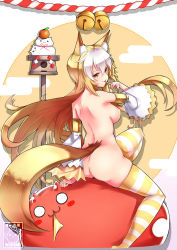 Rule 34 | 1girl, :3, animal ears, arm support, ass, back, bad id, bad pixiv id, bell, blonde hair, breasts, cat, commission, detached sleeves, food, fox ears, fox girl, fox tail, from behind, fruit, full body, gainoob, hair between eyes, jingle bell, large breasts, licking, licking finger, long hair, looking at viewer, looking back, mandarin orange, mouth hold, multicolored hair, nude, original, panties, panties in mouth, red eyes, rope, shimenawa, sitting, solo, striped clothes, striped panties, striped thighhighs, tail, thighhighs, tongue, tongue out, two-tone hair, underwear, unworn panties, very long hair, white hair