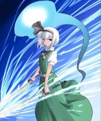 Rule 34 | &gt;:(, 1girl, ascot, blue eyes, blunt bangs, dual wielding, from side, frown, green skirt, green vest, hair ribbon, hairband, hitodama, holding, holding sword, holding weapon, katana, konpaku youmu, konpaku youmu (ghost), koro (tyunnkoro0902), looking at viewer, looking to the side, parted lips, puffy short sleeves, puffy sleeves, ribbon, scabbard, serious, sheath, short hair, short sleeves, silver hair, skirt, skirt set, solo, sword, touhou, v-shaped eyebrows, vest, weapon