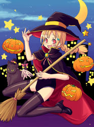 Rule 34 | 1girl, black one-piece swimsuit, blonde hair, braid, broom, broom riding, cape, cat, halloween, happy, hat, jack-o&#039;-lantern, kimarin, long hair, one-piece swimsuit, original, pumpkin, school swimsuit, solo, swimsuit, thighhighs, witch hat