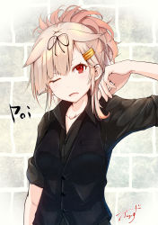 Rule 34 | 1girl, alternate costume, alternate hairstyle, arm up, baileys (tranquillity650), black shirt, blonde hair, collarbone, commentary request, hair between eyes, hair flaps, hair ornament, hairclip, highres, kantai collection, looking at viewer, one eye closed, open mouth, red eyes, shirt, sidelocks, signature, sleeves rolled up, solo, yuudachi (kancolle), yuudachi kai ni (kancolle)
