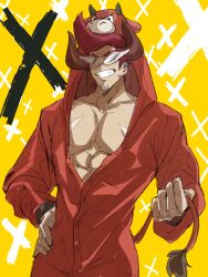 Rule 34 | 1boy, ahichiru, bull, buttons, facial hair, goatee stubble, grin, hand on own hip, highres, horns, kamina shades, male focus, omega strikers, open clothes, pajamas, pectorals, pink hair, scar, smile, solo, stubble, sunglasses, tail, x (omega strikers)