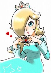 Rule 34 | 1girl, :d, blonde hair, blue dress, blue eyes, brooch, crown, dress, earrings, hair over one eye, heart, heart hands, highres, jewelry, long hair, long sleeves, looking at viewer, mario (series), mzg04, nintendo, off-shoulder dress, off shoulder, open mouth, purple nails, rosalina, smile, solo, star (symbol), star brooch, star earrings, super mario galaxy, super smash bros., white background