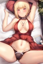Rule 34 | 1girl, arm up, armpits, bed sheet, black panties, blonde hair, blush, breasts, brown collar, closed mouth, clothes lift, collar, dress, dress lift, female focus, from above, highres, jewelry, kimoshi, looking at viewer, lycoris recoil, lying, medium breasts, navel, nishikigi chisato, on back, on bed, panties, pendant, pillow, red dress, red eyes, sheet grab, short hair, sign, solo, spread legs, stomach, sweat, thighs, underwear
