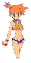 Rule 34 | 1girl, adapted costume, bad id, bad pixiv id, bare legs, bare shoulders, blue eyes, blush, breasts, choker, collarbone, cowboy shot, creatures (company), crop top, crop top overhang, cropped legs, cutoffs, denim, denim shorts, female focus, game freak, gym leader, highleg, highleg panties, holding, holding poke ball, light smile, long image, looking at viewer, metata, midriff, misty (pokemon), navel, nintendo, open fly, orange hair, panties, poke ball, poke ball (basic), pokemon, ponytail, revealing clothes, shirt, short hair, short ponytail, short shorts, shorts, side ponytail, simple background, sleeveless, sleeveless shirt, smile, solo, standing, tall image, tank top, thong, underwear, unzipped, white background, wide ponytail, wristband, yellow shirt