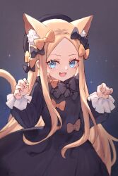 Rule 34 | 1girl, abigail williams (fate), animal ears, black bow, black dress, black hat, blonde hair, blue eyes, bow, breasts, cat ears, cat tail, commentary, dress, english commentary, fate/grand order, fate (series), forehead, hat, highres, long hair, long sleeves, looking at viewer, miya (miyaruta), open mouth, orange bow, parted bangs, small breasts, smile, solo, tail