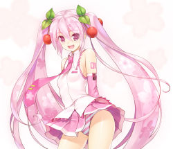 Rule 34 | 1girl, breasts, cherry, detached sleeves, food, fruit, hatsune miku, highres, long hair, necktie, open mouth, panties, pantyshot, pink eyes, pink hair, sakura miku, skirt, small breasts, solo, striped clothes, striped panties, symbol-shaped pupils, twintails, underwear, upskirt, very long hair, vocaloid, wacchi