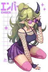 Rule 34 | 1girl, adjusting eyewear, black gloves, breasts, character name, choker, commentary, demon girl, english commentary, fingerless gloves, fishnet top, fishnets, full body, glasses, gloves, green hair, high ponytail, highres, horns, lo kyu, looking at viewer, nail polish, orange eyes, original, parted lips, pink thighhighs, pleated skirt, pointy ears, purple nails, purple skirt, round eyewear, shoes, signature, single horn, sitting, skirt, sneakers, solo, thighhighs, tinted eyewear
