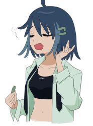 Rule 34 | ahoge, black necktie, black sports bra, blue hair, bob cut, breasts, closed eyes, closed mouth, collarbone, commentary, drooling, eyelashes, hair ornament, hairclip, highres, holding, long sleeves, medium breasts, midriff, navel, necktie, nira-chan, open clothes, open mouth, open shirt, raised eyebrows, reyla 0, shirt, short hair, simple background, sleepy, sports bra, thick eyebrows, translated, upper body, white shirt, yawning, zutto mayonaka de ii no ni