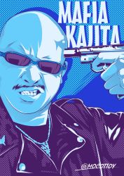 Rule 34 | 1boy, absurdres, bald, blue theme, character name, clenched teeth, finger on trigger, gun to head, highres, jacket, jewelry, mafia kajita, male focus, mocottoy, monochrome, necklace, polka dot, polka dot background, real life, solo, sunglasses, teeth, upper body